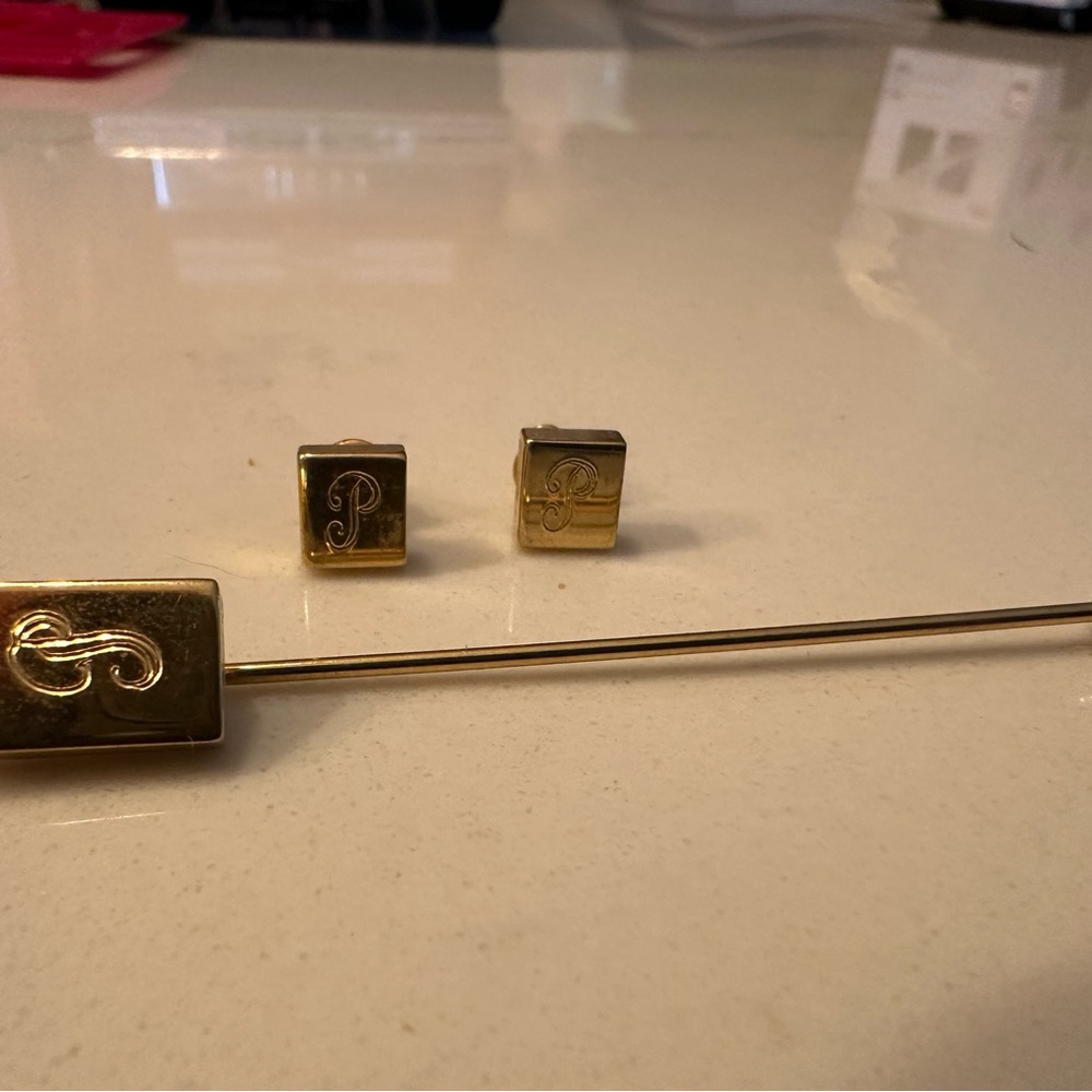 Gold tone Monogram “P” Stick Pin and matching Earrings